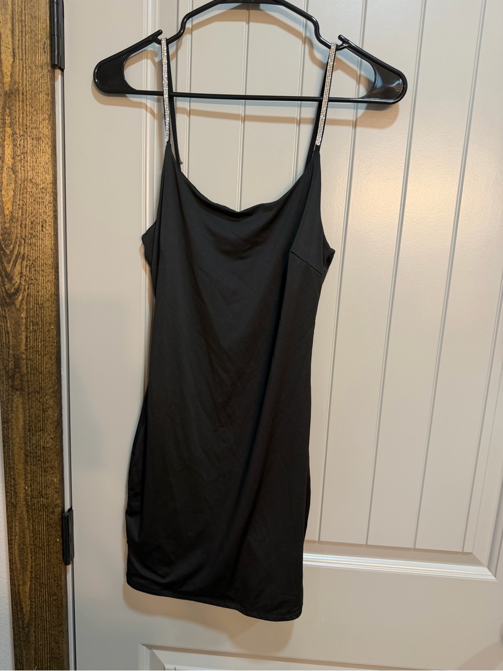 iris Black Mini Slip Dress with Rhinestone Straps